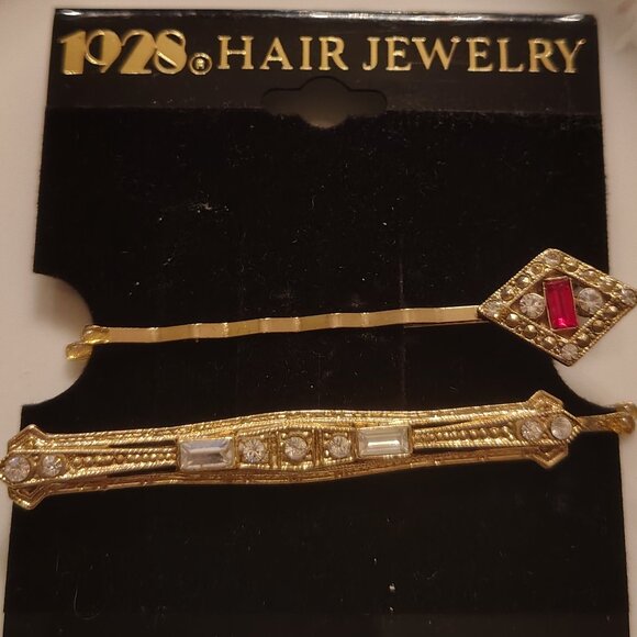 Vtg 1928 Hair Jewelry Gold Tone Red and Clear Rhinestone Hairpin Set - Picture 3 of 7